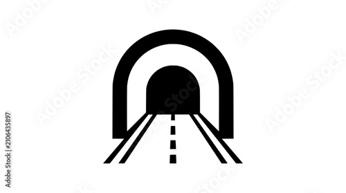 Black and white icon of a tunnel entrance with road perspective, graphic design