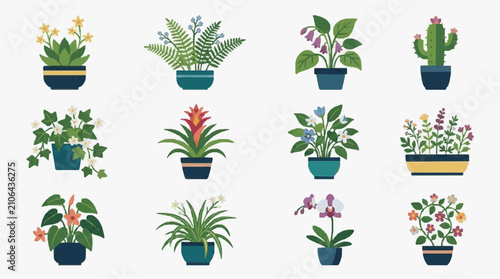 Bild auf Leinwand Professional Collection of 12 Colorful Potted Houseplants with Floral and Foliag