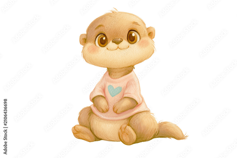 Fototapeta premium cute baby otter wearing pastel pink shirt with small teal heart printed on the chest