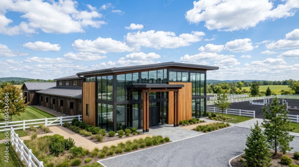 Fototapeta premium A modern equestrian center exterior features glass walls and wood siding in a sunny rural landscape.
