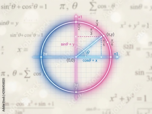 A unit circle with labeled sine and cosine functions displayed against complex mathematical formulas.