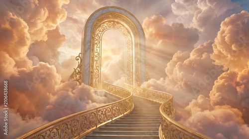 Stairway to heaven a majestic golden archway leading into a bright, ethereal portal amidst soft, glowing clouds in a dreamlike celestial landscape