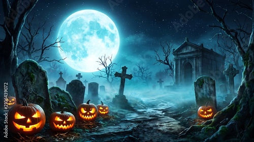 Spooky halloween graveyard at night with glowing jackolanterns, a large full moon, ancient tombstones, and a mysterious stone mausoleum in the mist