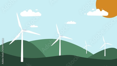 Wind Turbines On Green Hills with Blue Sky and Sun