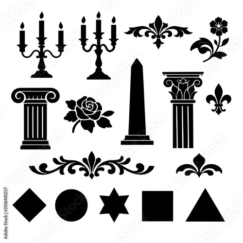Vintage black silhouette design elements collection featuring candelabras, classical pillars, floral scrolls, and geometric shapes isolated on white
