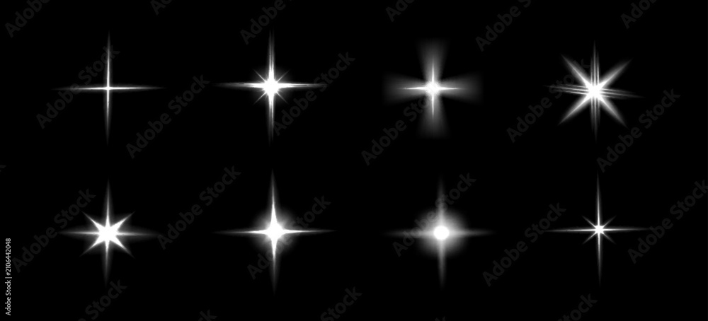 Obraz premium Bright star light effect, white twinkle flare and flashing rays, realistic flash icons isolated on black background.. Glowing starburst elements with halo and glowing beams, sparkling space burst
