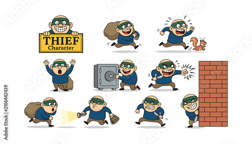 Foto Collection of cartoon thief character poses and actions with criminal, character