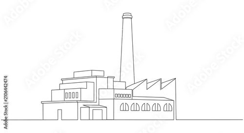 Factory Building Line Drawing Minimalist Black And White Continuous Illustration