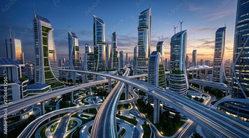 Obraz premium Futuristic smart city skyline with eco-friendly skyscrapers and complex highway interchange at sunset twilight