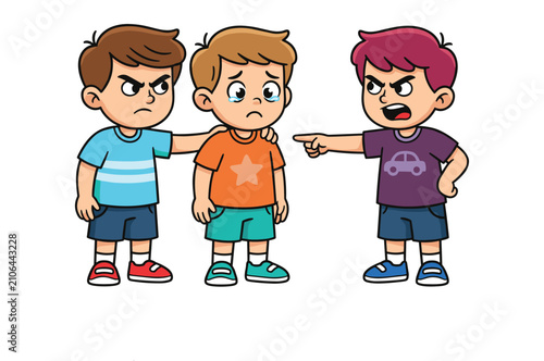Konstfotografi Cartoon illustration of children bullying and accusing a sad peer with bullying