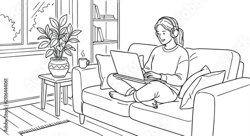 Simple line art of a freelancer wearing headphones, working comfortably with a laptop on a couch at home, cozy workspace with a houseplant, minimalist black vector lines, solid white background.