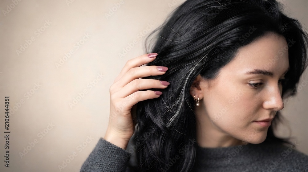 Fototapeta premium Woman Gracefully Touching Her Dark Wavy Hair