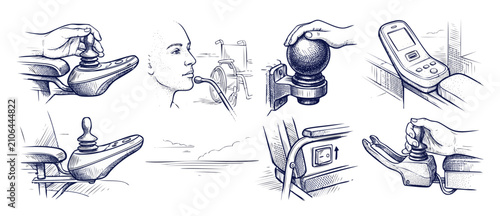 Power wheelchair controller assistive technology set, hand operating electric wheelchair joystick, chin control, and accessibility devices in sketch line art style for disability independence concept.