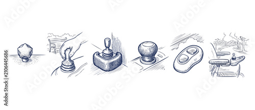 Wheelchair Joystick Controller Knob Sketches showing power wheelchair steering interfaces, adaptive mobility device hand controls, and accessibility buttons in hand-drawn engraving style.