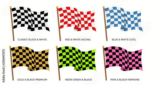 Collection of colorful checkered racing flags in various color combinations.
