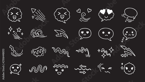 A collection of sketchy, hand-drawn white comic expressions, speech bubbles, smiley faces, and motion effect elements set against a solid black background.