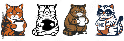 Fotografie Set of disgruntled cartoon cats holding coffee mugs representing morning grumpin