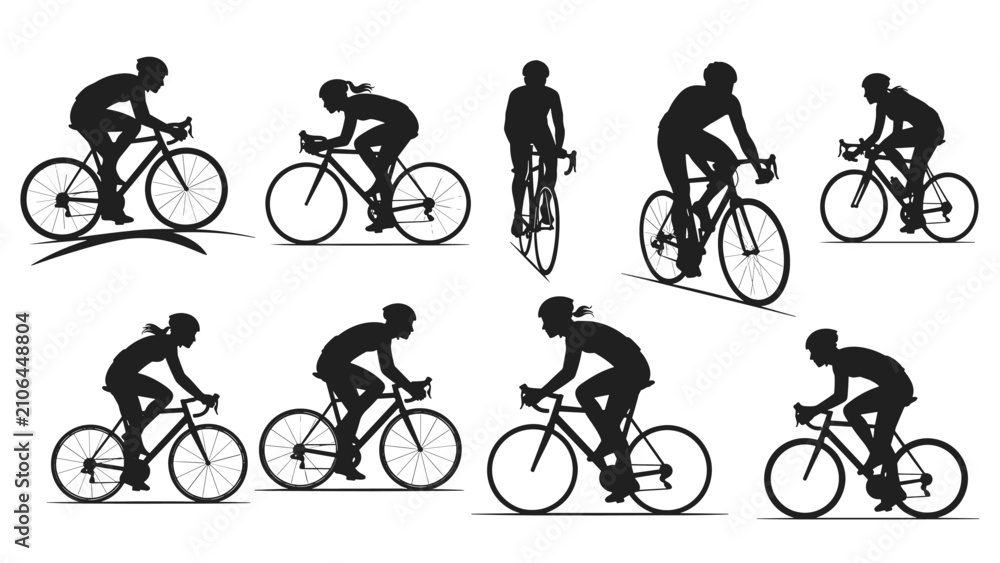 Obraz premium Collection of male and female cyclist silhouettes in various cycling positions, depicting road biking and competitive racing on white background.