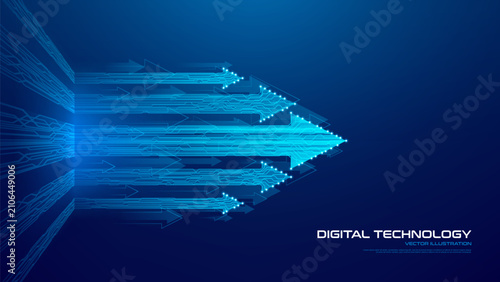 Fast moving digital arrows. Futuristic blue glowing arrows formed by printed circuit board lines symbolize digital progress, data transfer, network connection, business growth, technology innovation.