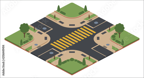 Quadro su tela Isometric street intersection with pedestrian crossings and trees a colorful vec