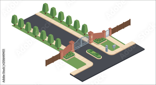 Quadro su tela Isometric gated entrance with surrounding landscaping and a white background arc