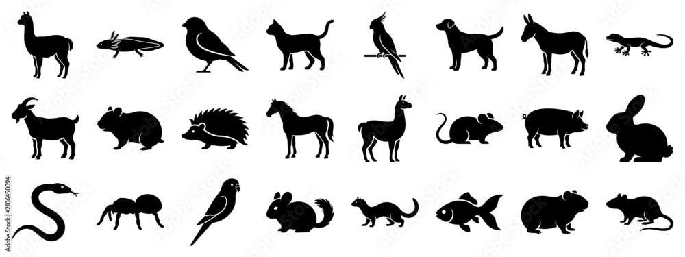 Fototapeta premium Collection of pet and wild animals solid glyph icons. Vector illustration.