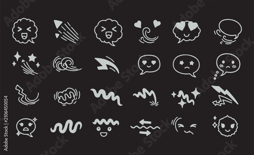 A collection of sketchy, hand-drawn white expression icons, speech bubbles, and doodle elements set against a solid dark gray or black background.