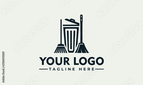 Tableau sur toile Professional janitorial services logo design with garbage bin and broom icons fo
