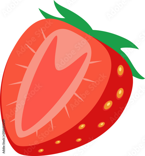 Vibrant vector art of a strawberry sliced in half, revealing its red pulp, green leaves, and yellow seeds.