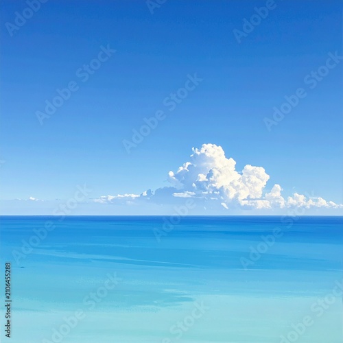 Bright Blue Sky Ocean Horizon with Puffy Cloud