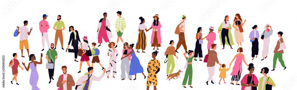 Obraz premium Diverse people crowd walking outdoors, city street. Men, women, kids in urban lifestyle. Families, couples, friends going on different businesses. Flat vector illustration isolated on white background