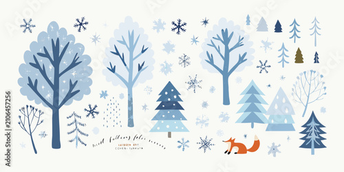 Tableau sur toile Winter Trees And Snowflakes A Blue toned Vector Illustration