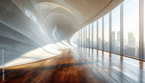 Modern futuristic interior hallway with curved wall and city view through panoramic windows