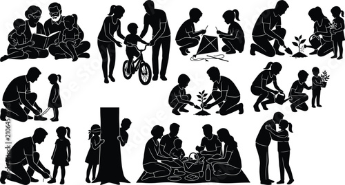 Fotografie Family bonding silhouette illustrations of parents and children engaging in outd