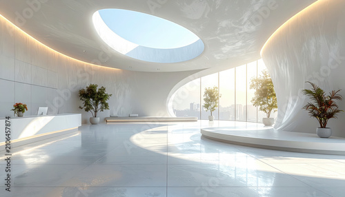 Modern minimalist reception area with organic architectural elements and natural light