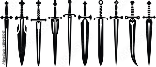 Medieval sword vector icon set featuring black silhouette illustrations of ancient daggers, fantasy blades, and knightly swords.