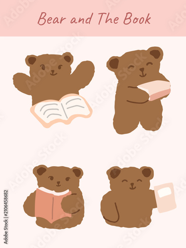 Cute Bear with Book Vector Set, Reading Animal Character and Cozy Book Lover Illustration