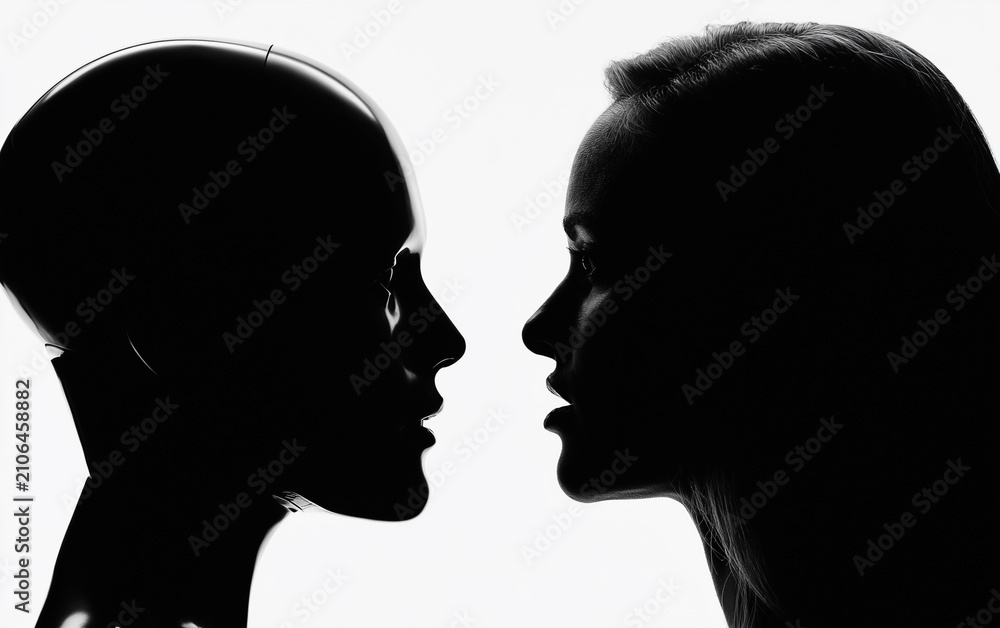 Fototapeta premium Silhouette of a human face facing a robotic head in profile against a dark background representing artificial intelligence interaction