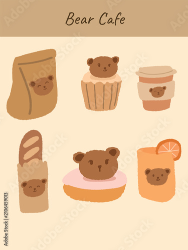 Cute Bear Cafe Food Sticker Vector Set with Coffee, Muffin, Donut, Juice and Paper Bag Illustrations