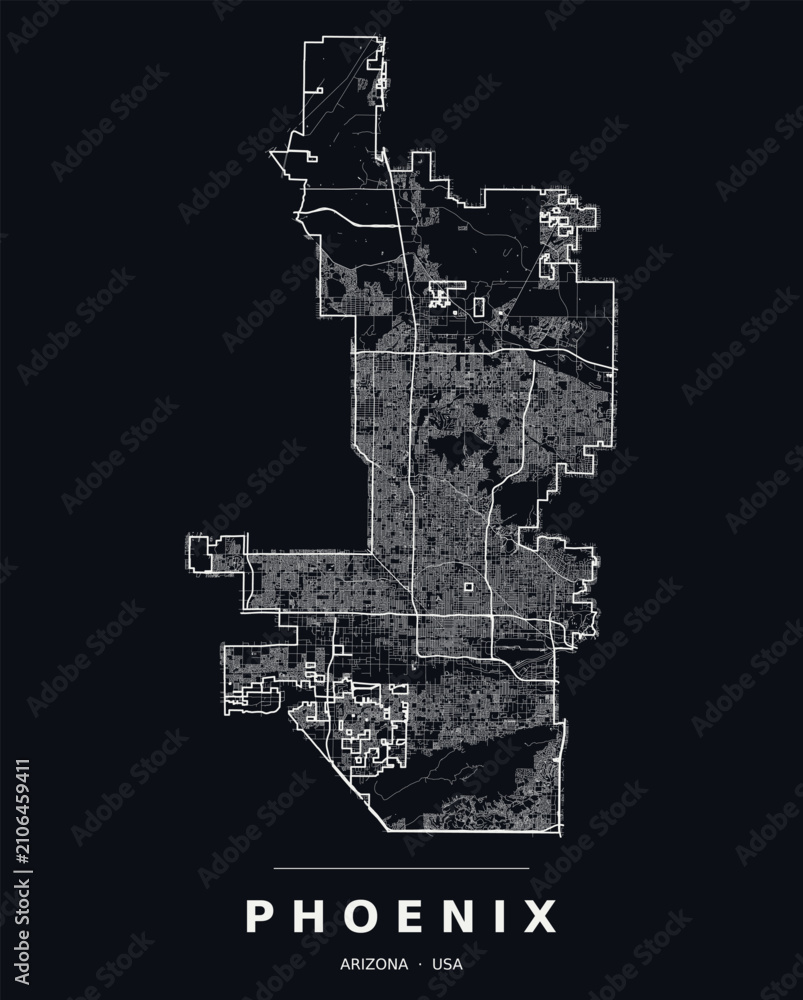 Obraz premium Phoenix AZ street map with the road network, highways and municipal boundary. Editable white line vector on a black background for dark mode slides and web design.