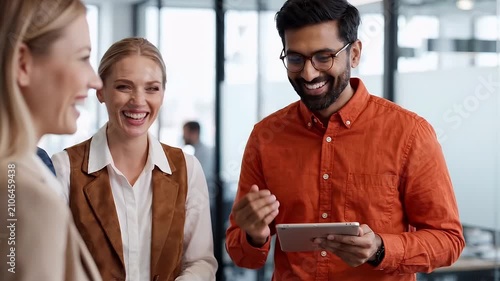 Smiling South Asian Business Man Holding A Tablet And Discussing Work With Colleagues In A Bright Modern Office Workplace