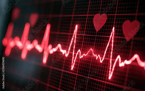 Close-up of a vibrant red electrocardiogram displaying a healthy heartbeat and heart symbol on a monitor