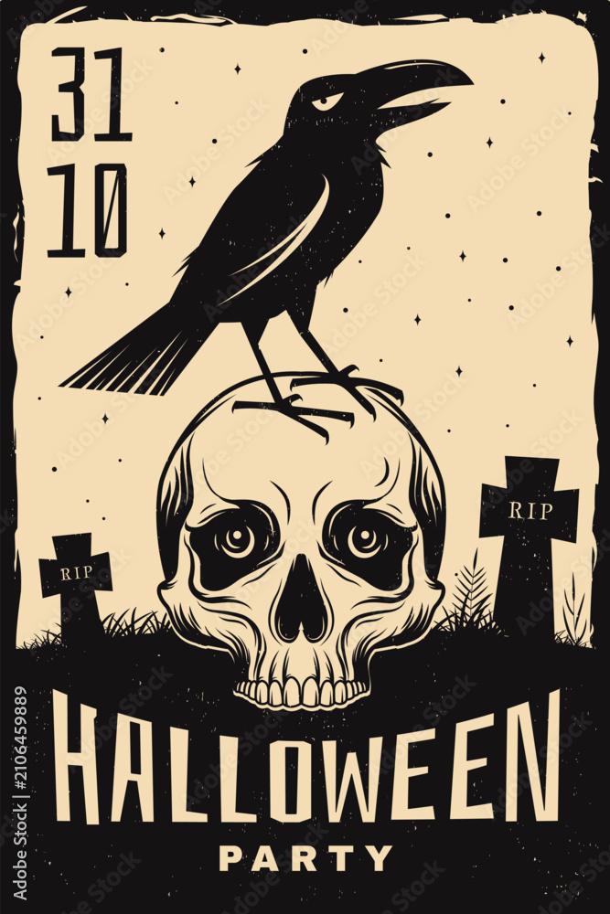 Obraz premium Vintage Halloween Poster Vector, Raven Skull Halloween Poster, Retro Gothic Wall Art Vector Illustration