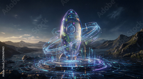 Transparent glass rocket stands on a digital platform surrounded by holographic data rings and growth indicators in a landscape