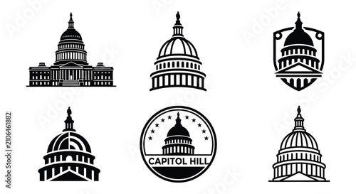 United States Capitol Building Silhouettes Flat Vector Illustrations