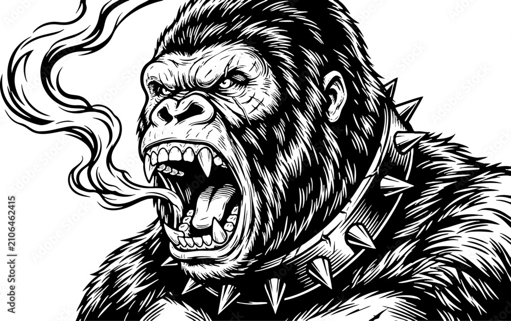 Obraz premium Roaring aggressive gorilla illustration with spiked collar