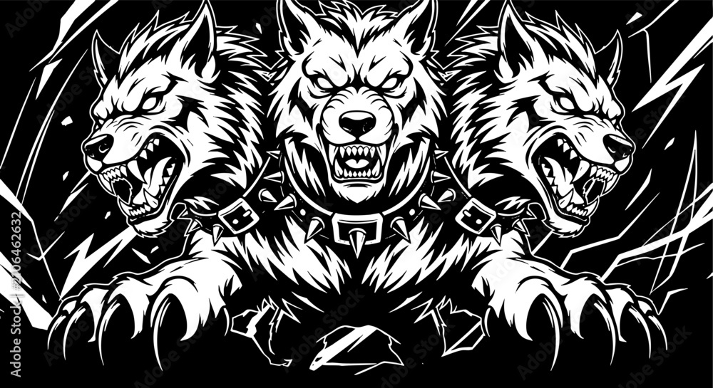 Fototapeta premium Three Headed Wolf Cerberus Mythological Creature Vector Art