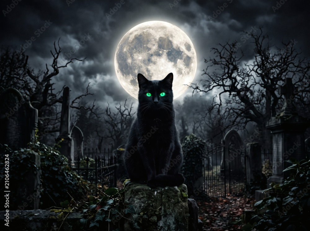 Fototapeta premium Black cat sits atop a weathered tombstone in a misty graveyard while a large full moon shines above.