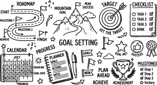 Goal setting graphics feature a roadmap, mountain peak, target, and achievement trophy to visualize strategic planning success.