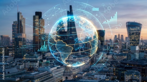 Digital globe network over London skyline financial district, global economy connection, fintech data visualization, cityscape background, international trade and communication ...